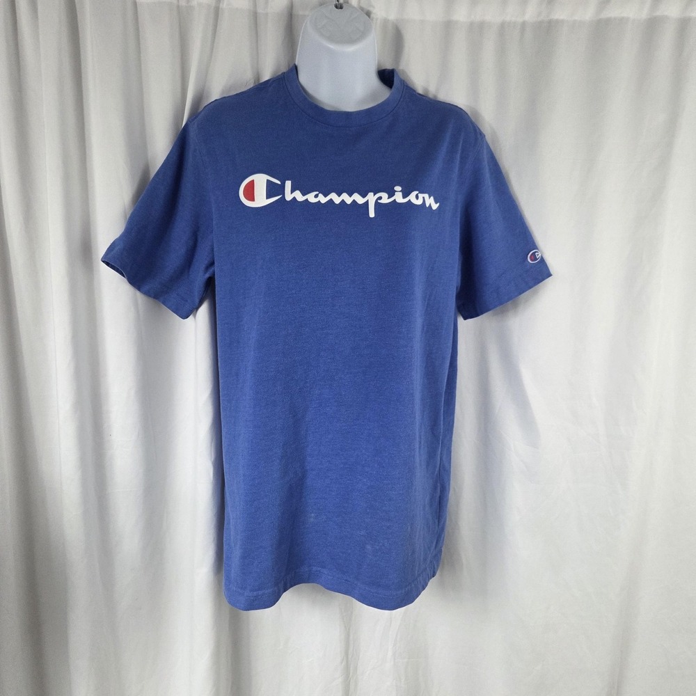 Champion Shirt Mens Small Blue Big Logo Graphic Tagless Tee Top Crewneck